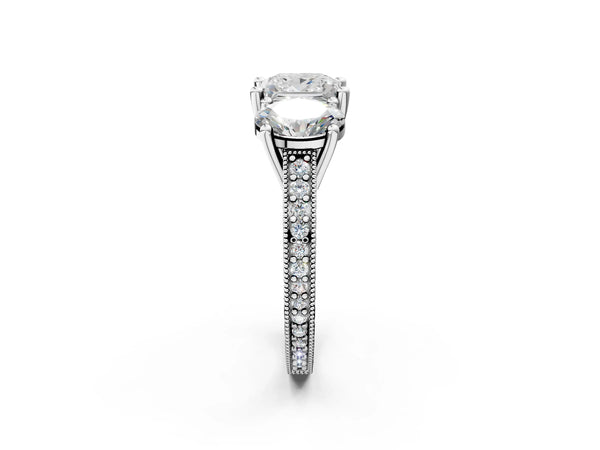 Platinum Princess Cut Three-Stone Vintage Engagement Ring Setting with Graduated Milgrain Pave Band