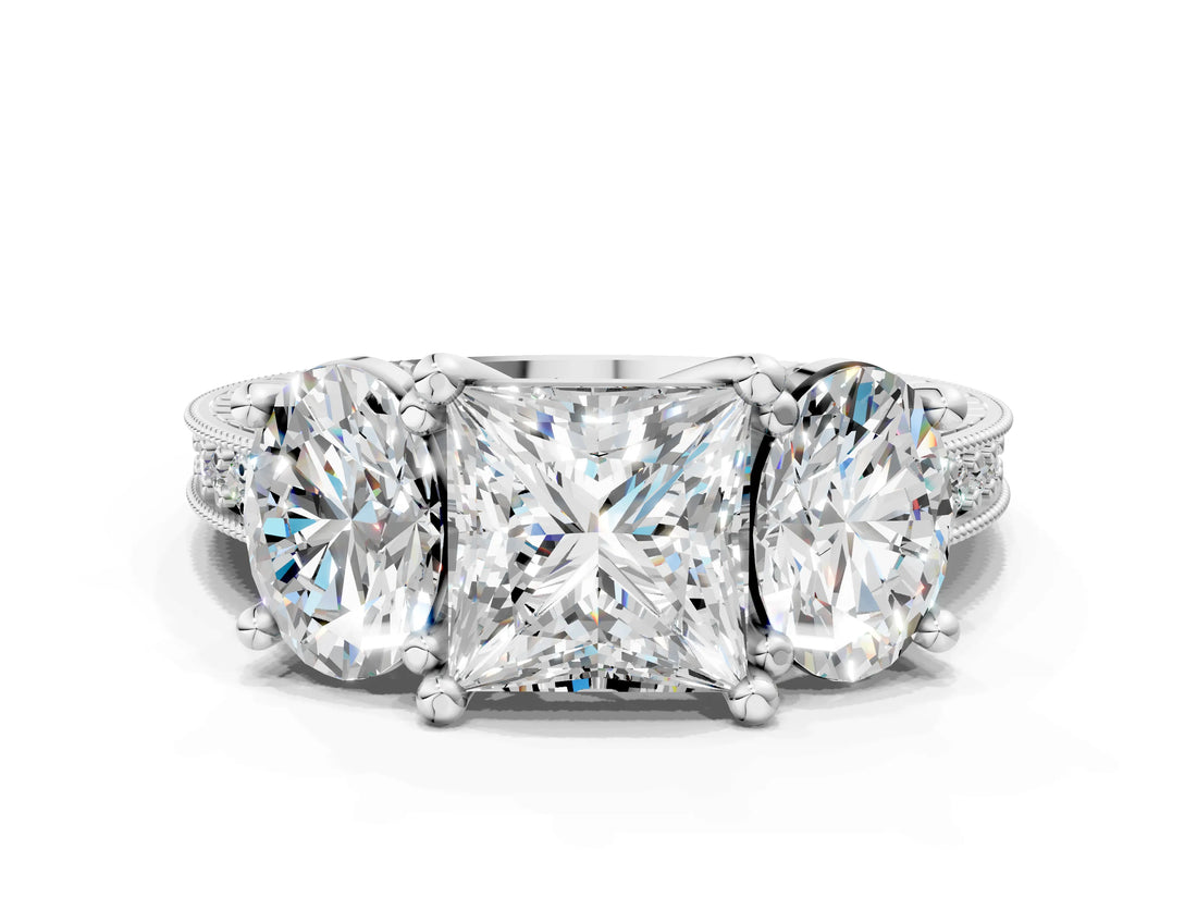 Platinum Three-Stone Princess Diamond Milgrain Pave Band with Prong Setting