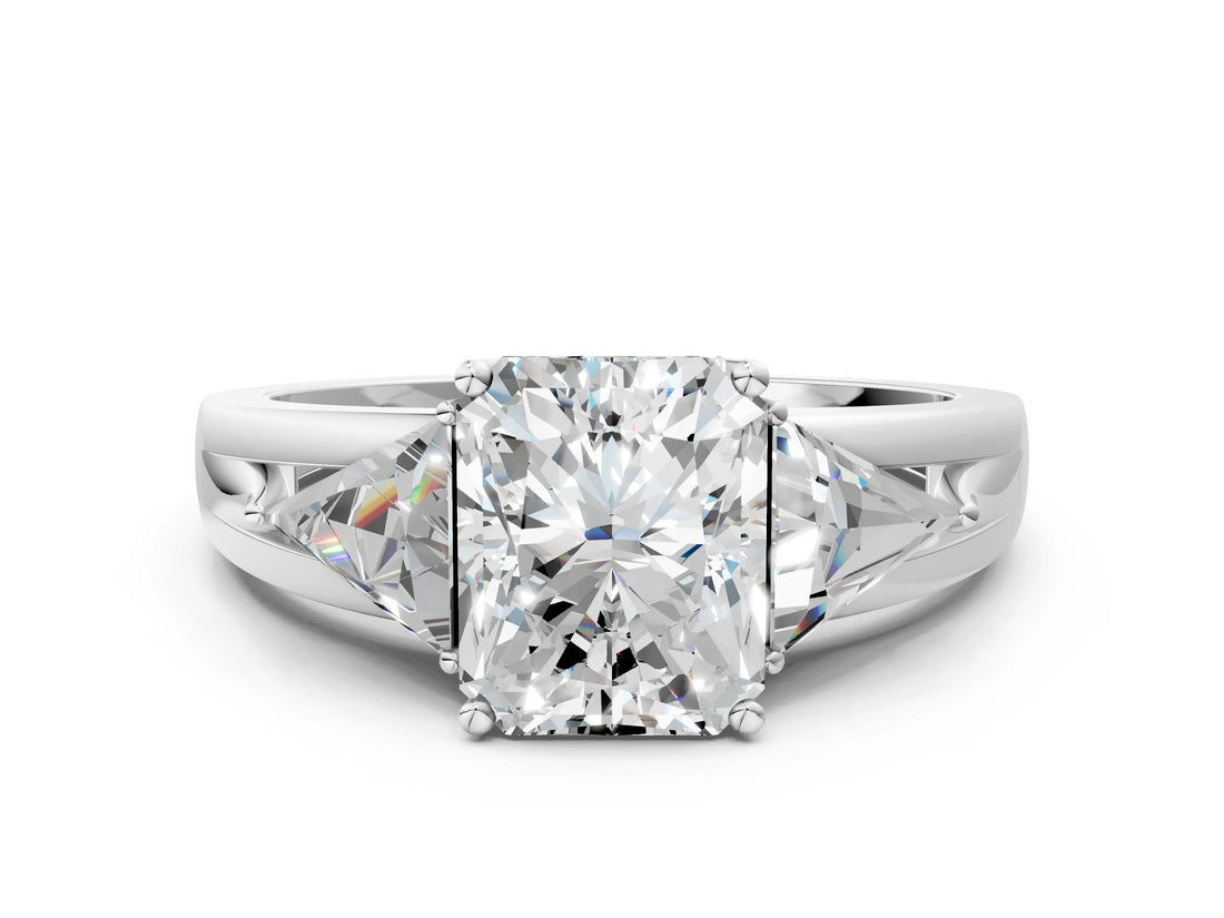 Platinum Three-Stone Radiant Cut Cut Diamond Ring with Trillion Side Stones on a Split Shank Band_25