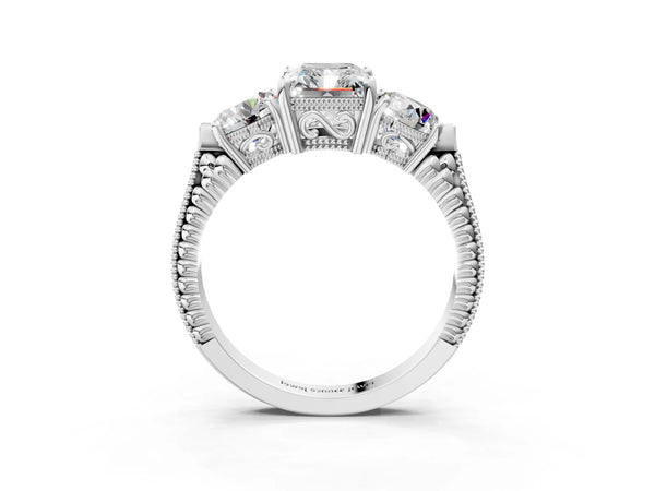 Platinum Radiant Cut Vintage Three Stone Engagement Ring Setting