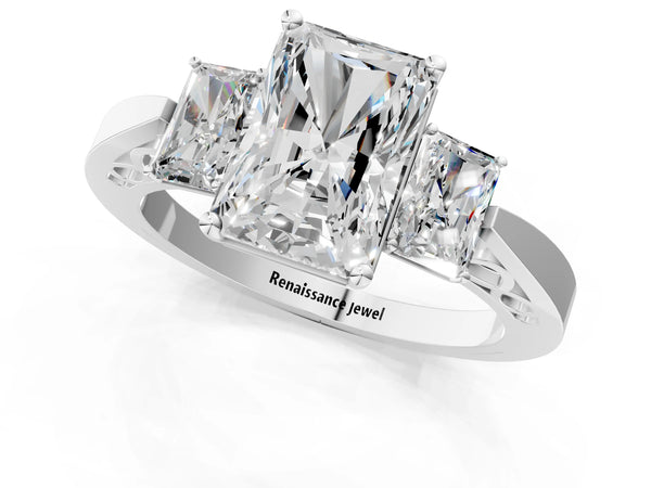 Platinum Three-Stone Radiant Cut Diamond Cathedral Engagement Ring with Prong Setting