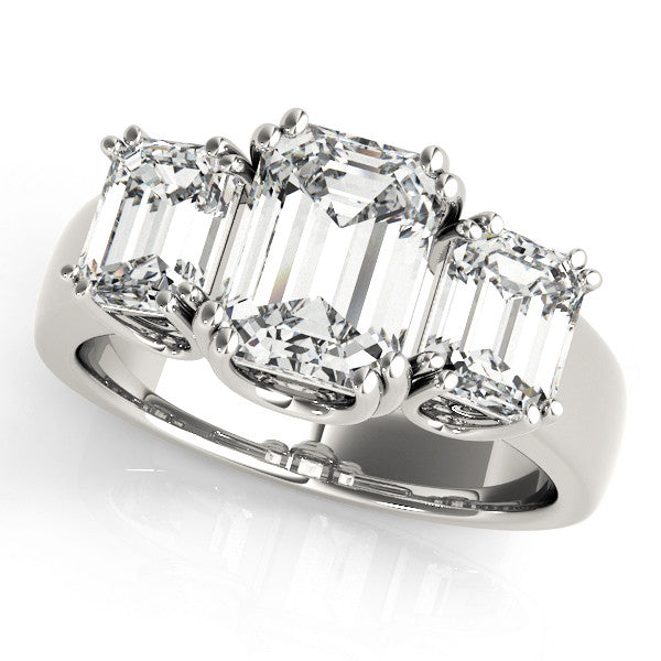 10K White Gold Three-Stone 1.54 Carat D VVS2 Emerald Cut Diamond Ring with Channel Set Band and Four-Prong Setting