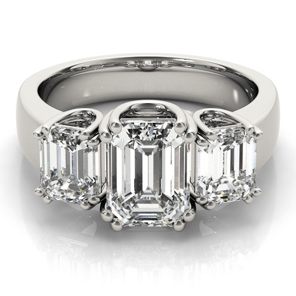 10K White Gold Three-Stone 1.54 Carat D VVS2 Emerald Cut Diamond Ring with Channel Set Band and Four-Prong Setting