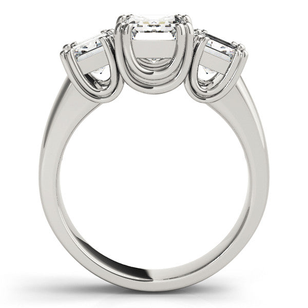 Platinum Three-Stone Radiant Cut Diamond Ring with Channel Set Band and Four-Prong Setting