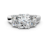 Platinum Three-Stone Radiant Cut Diamond Ring with Channel Set Band and Four-Prong Setting