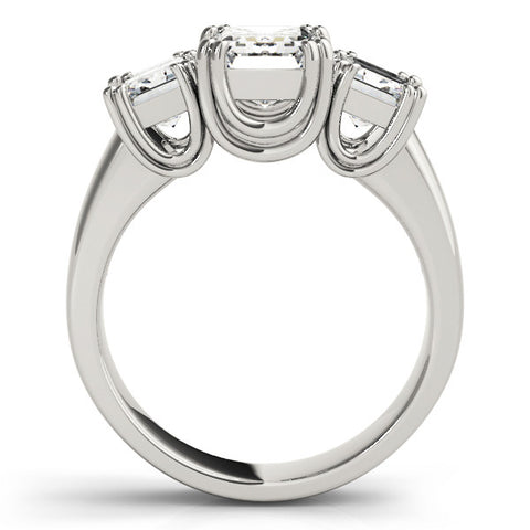 Platinum Three-Stone Radiant Cut Diamond Ring with Channel Set Band and Four-Prong Setting