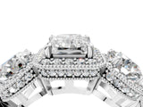 Platinum Three-Stone Radiant Cut Halo Diamond Milgrain Band with Four-Prong Setting_11