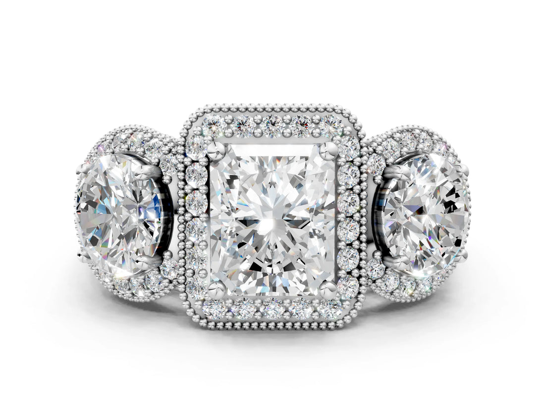 Platinum Three-Stone Radiant Cut Halo Diamond Milgrain Band with Four-Prong Setting_7