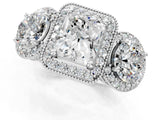 Platinum Three-Stone Radiant Cut Halo Diamond Milgrain Band with Four-Prong Setting_8