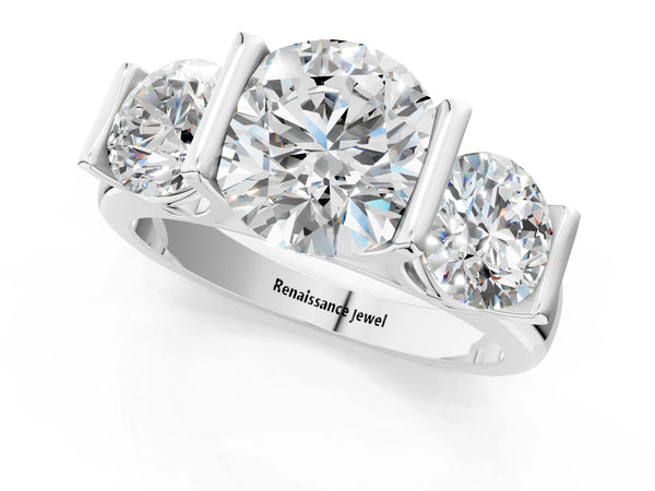 Platinum Round Bar Set Three Stone Engagement Ring Setting with Plain Band