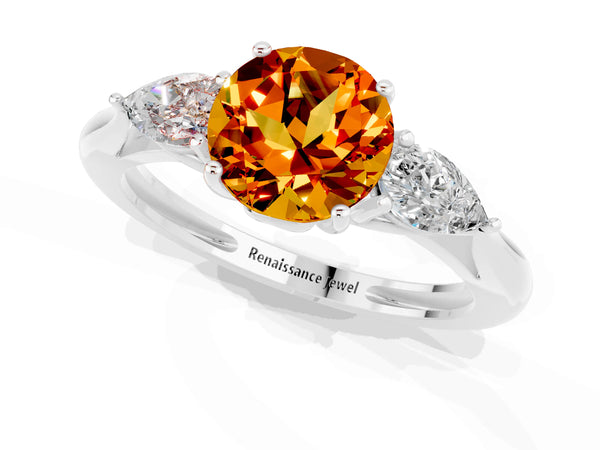 Platinum Three-Stone Round Cut Citrine Ring with Pear  Side Stones in Four-Prong Setting