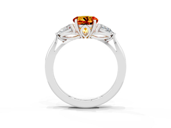 Platinum Three-Stone Round Cut Citrine Ring with Pear  Side Stones in Four-Prong Setting