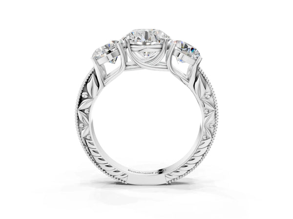 Platinum Round Vintage Three Stone Engagement Ring Setting with Milgrain Pave Band