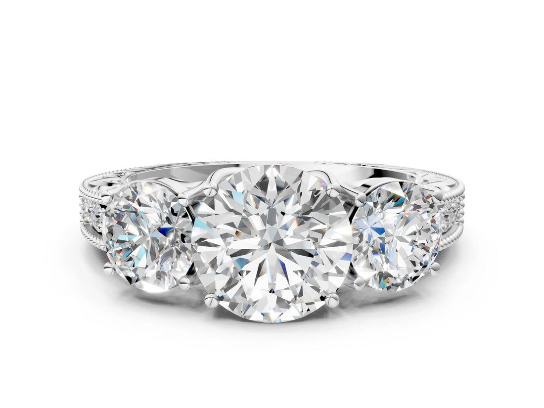 Platinum Three-Stone Round Cut Cut Milgrain Pavé Engagement Ring_7