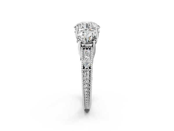 Platinum Round Vintage Three Stone Engagement Ring Setting with Milgrain Pave Band