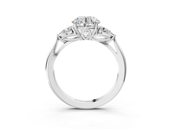 Platinum Round Three Stone Engagement Ring Setting with Pear Side Stones and Thin Band