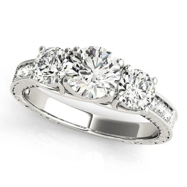 Platinum Three-Stone Round Cut Pavé Band with Prong Setting