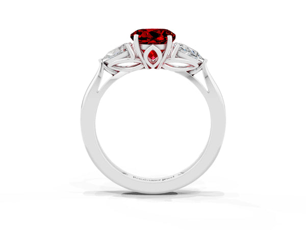 Platinum Round Lab-Grown Ruby Three Stone Engagement Ring with Pear Side Stones and Thin Band