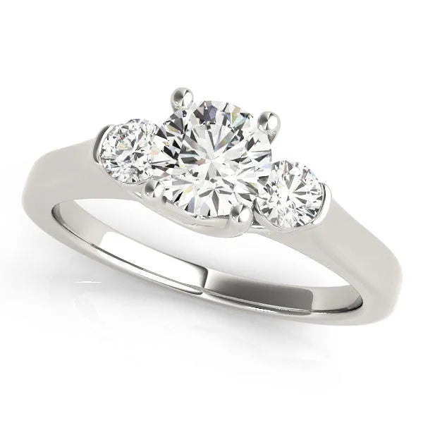 Platinum Three-Stone Round Cut Solitaire Engagement Ring with Prong Setting and Classic Band