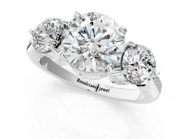 Platinum Round Three Stone Engagement Ring Setting with Tapered Pave Band