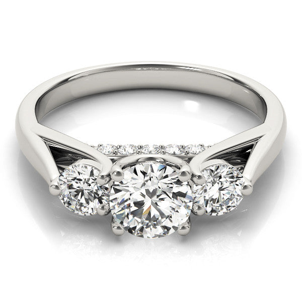 Platinum Three-Stone Round Diamond Engagement Ring with Pavé Band and Prong Setting 2