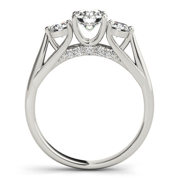 Platinum Three-Stone Round Diamond Engagement Ring with Pavé Band and Prong Setting