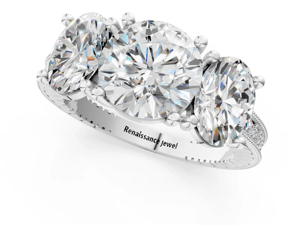 Platinum Round Three-Stone Vintage Engagement Ring Setting with Graduated Milgrain Pave Band