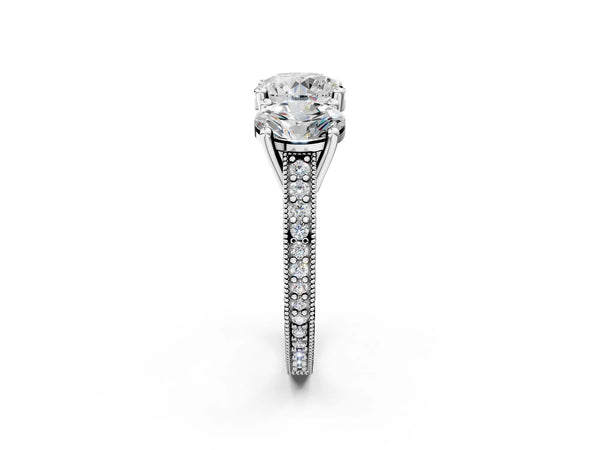 Platinum Round Three-Stone Vintage Engagement Ring Setting with Graduated Milgrain Pave Band