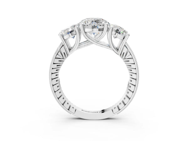 Platinum Round Three-Stone Vintage Engagement Ring Setting with Graduated Milgrain Pave Band