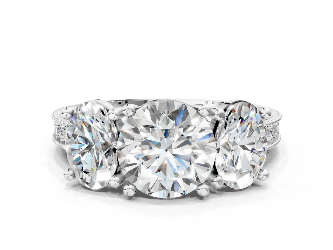 Platinum Three-Stone Round Diamond Milgrain Pave Band with Prong Setting