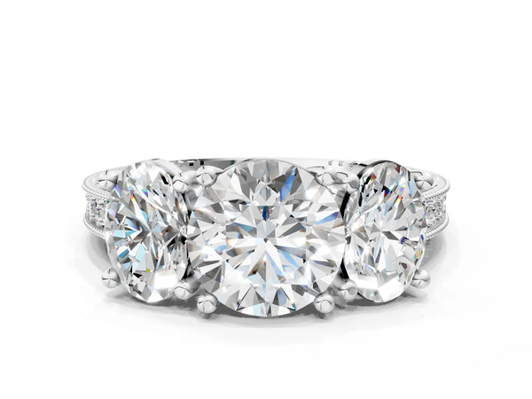 Platinum Round Three-Stone Vintage Engagement Ring Setting with Graduated Milgrain Pave Band