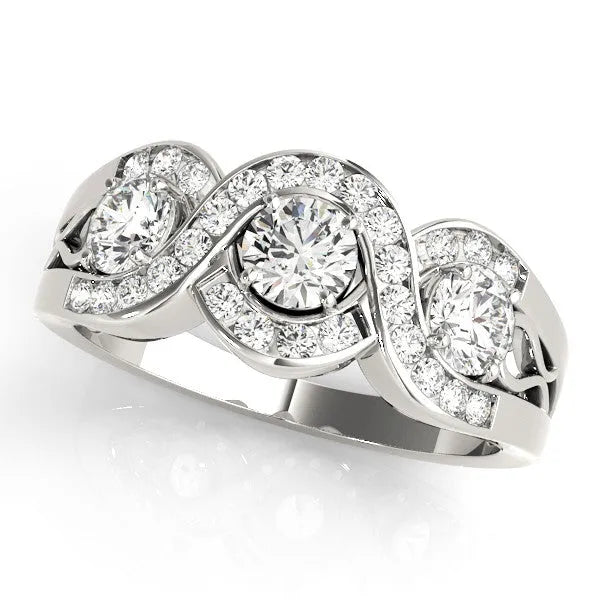 Platinum Three-Stone Round Diamond Wave Pave Band with Prong Setting