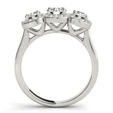 Platinum Three-Stone Round Halo Diamond Ring with Pavé Band and Prong Setting 1