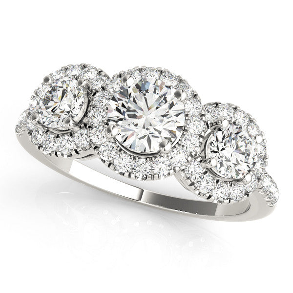 Platinum Three-Stone Round Halo Diamond Ring with Pave Band and Prong Setting 1