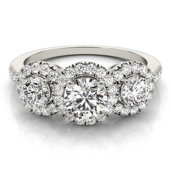 Platinum Three-Stone Round Halo Diamond Ring with Pave Band and Prong Setting 2