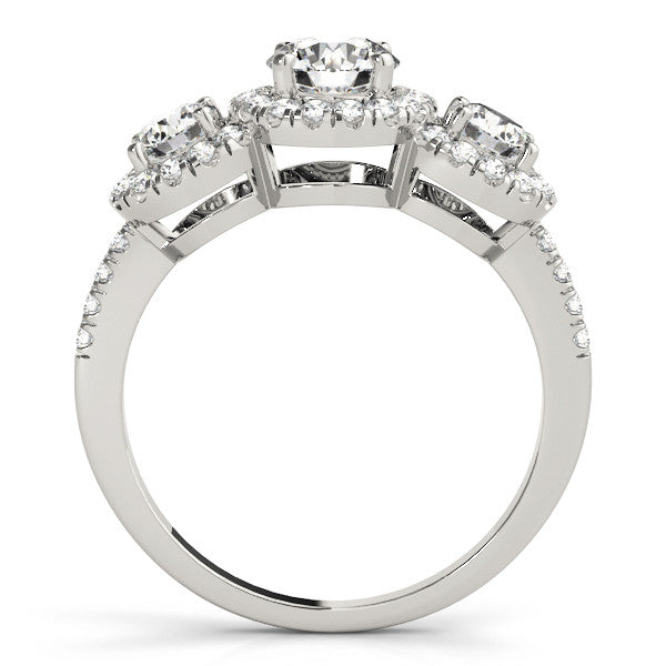 Platinum Three-Stone Round Halo Diamond Ring with Pave Band and Prong Setting