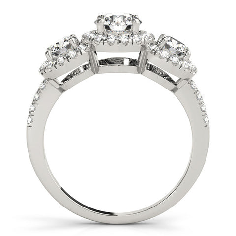 Platinum Three-Stone Round Halo Diamond Ring with Pave Band and Prong Setting