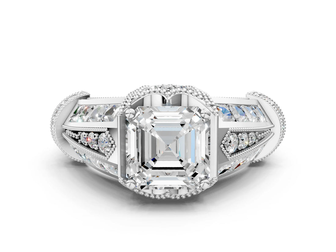 Platinum Vintage Milgrain Asscher Cut Diamond Split Shank Ring with Prong Setting_13