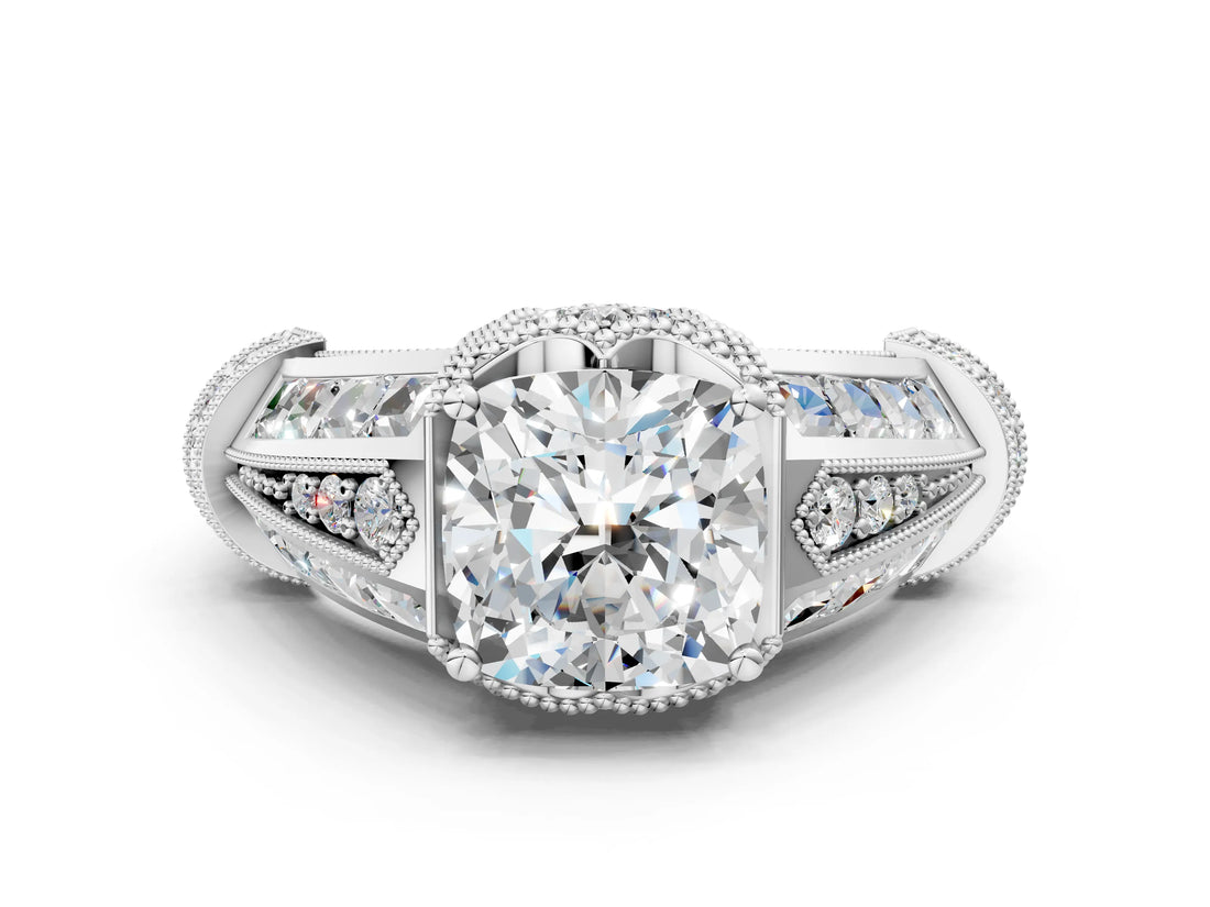 Platinum Vintage Milgrain Cushion Cut Diamond Split Shank Ring with Prong Setting_13