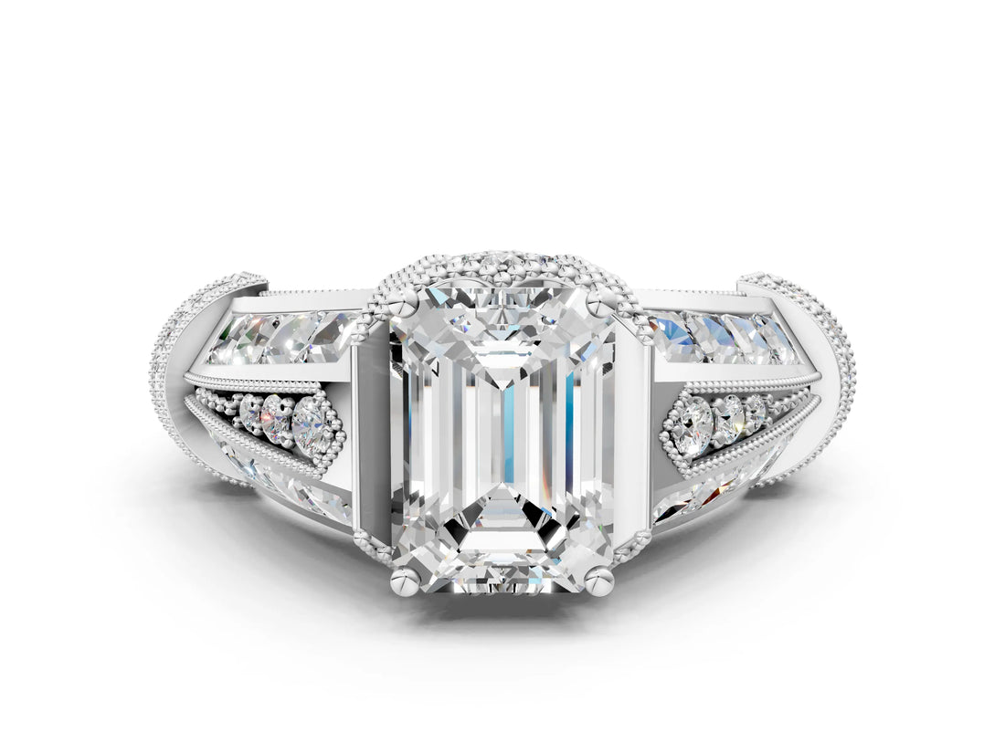Platinum Vintage Milgrain Emerald Cut Diamond Split Shank Ring with Prong Setting_13