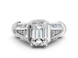 Platinum Vintage Milgrain Emerald Cut Diamond Split Shank Ring with Prong Setting_13