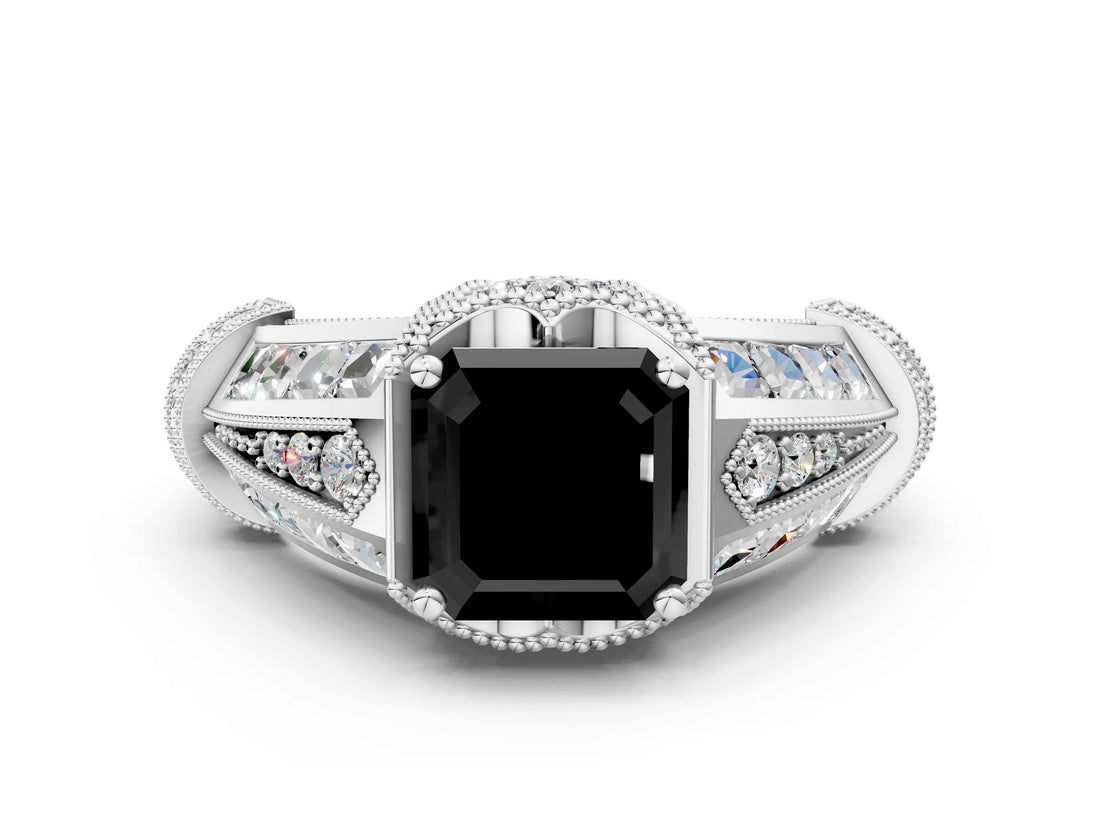 Platinum Vintage Milgrain Fancy Black Asscher Cut Diamond Split Shank Ring with Prong Setting_6
