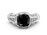 Platinum Vintage Milgrain Fancy Black Cushion Cut Diamond Split Shank Ring with Prong Setting_6