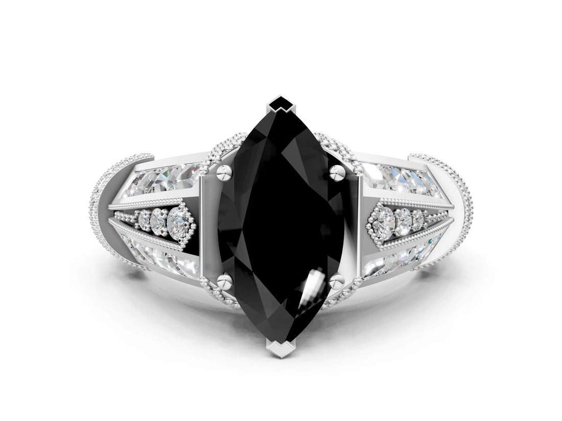 Platinum Vintage Milgrain Fancy Black Marquise Cut Diamond Split Shank Ring with Prong Setting