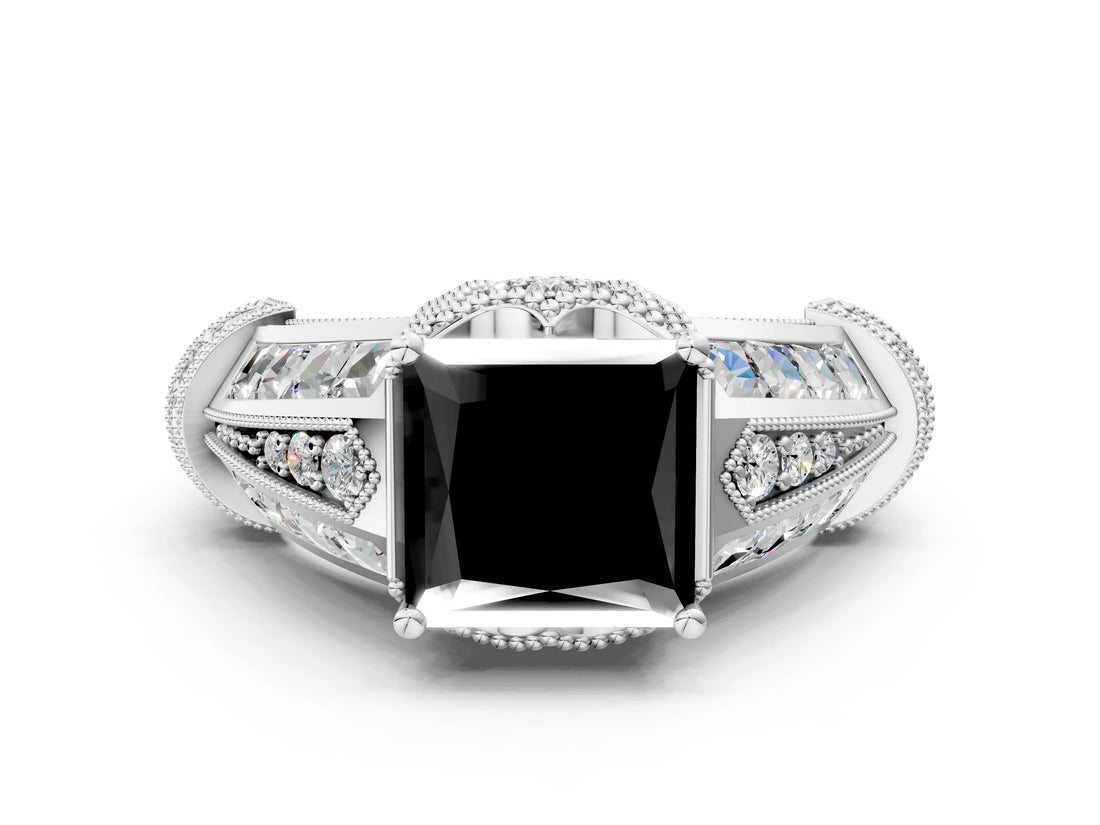 Platinum Vintage Milgrain Fancy Black Princess Cut Diamond Split Shank Ring with Prong Setting