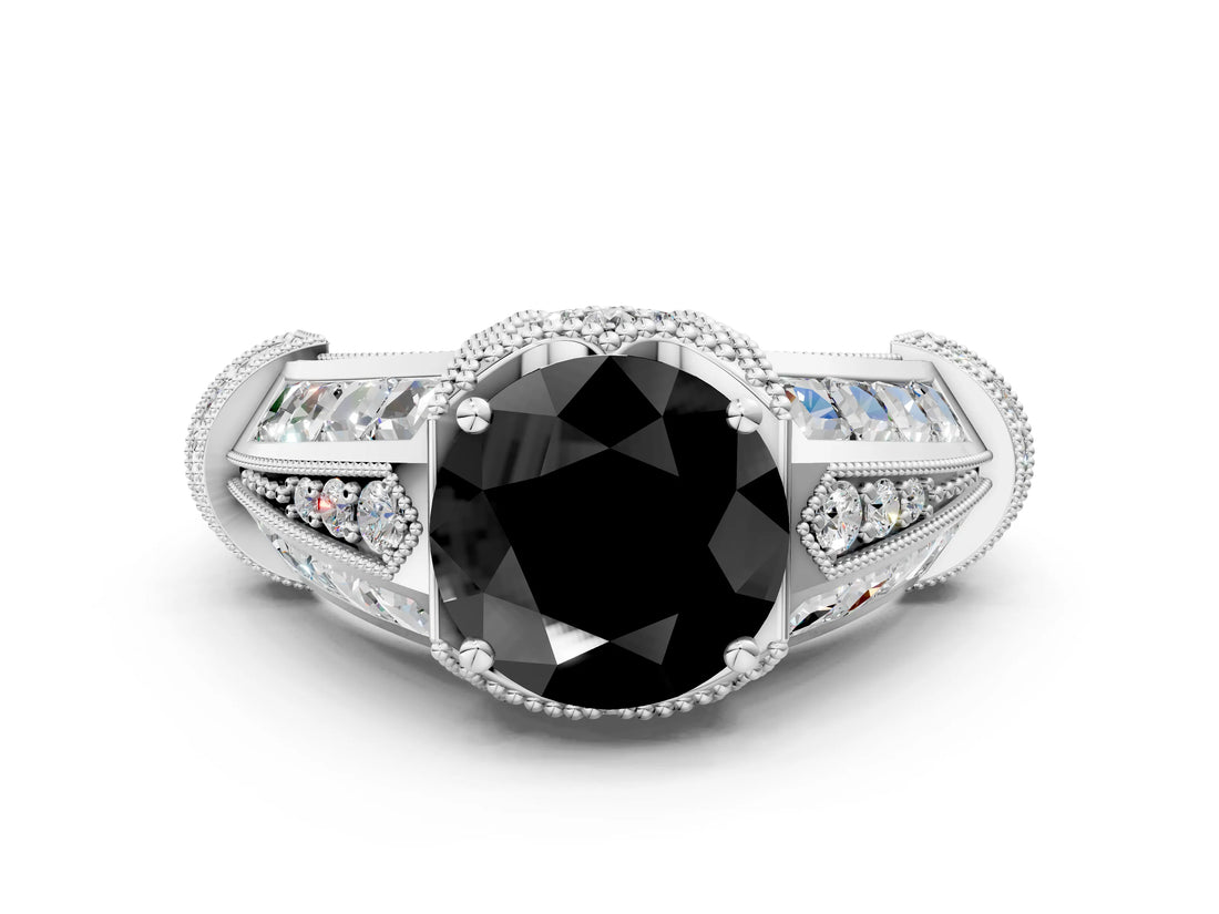 Platinum Vintage Milgrain Fancy Black Round Cut Diamond Split Shank Ring with Prong Setting