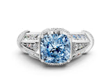 Platinum Vintage Milgrain Fancy Blue Cushion Cut Diamond Split Shank Ring with Prong Setting