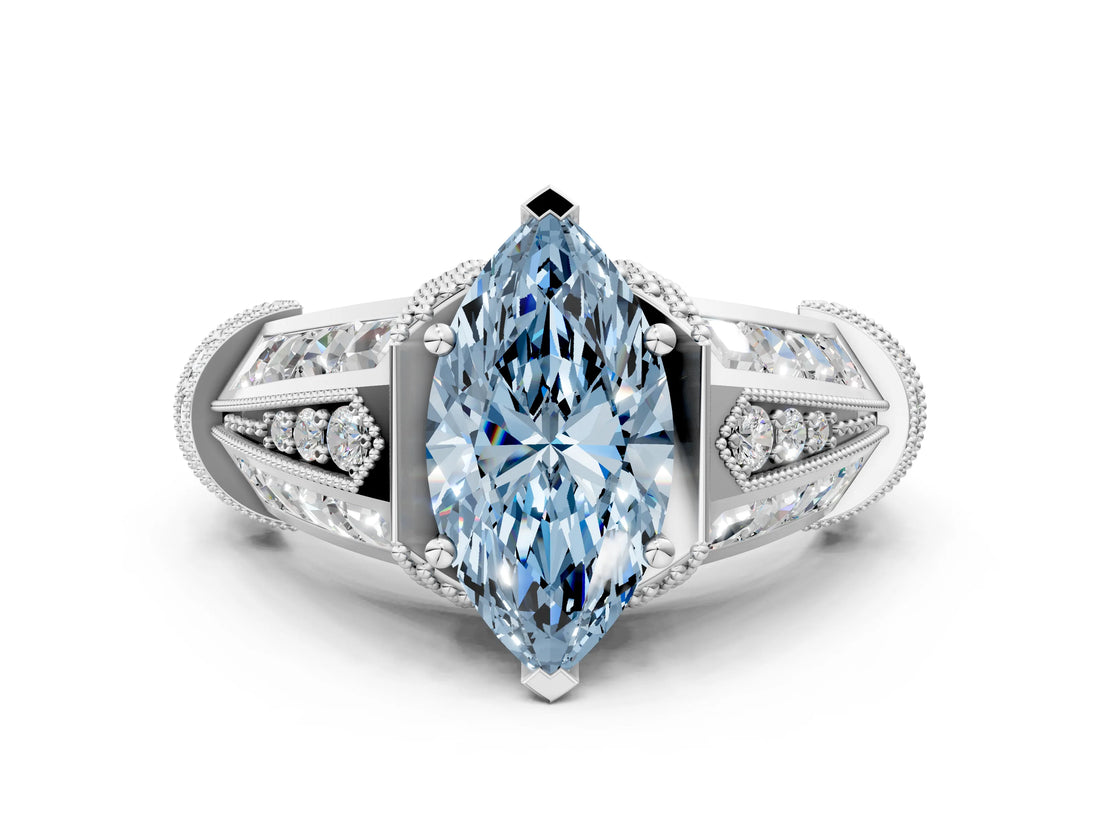 Platinum Vintage Milgrain Fancy Blue Marquise Cut Diamond Split Shank Ring with Prong Setting