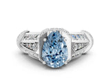 Platinum Vintage Milgrain Fancy Blue Pear Cut Diamond Split Shank Ring with Prong Setting