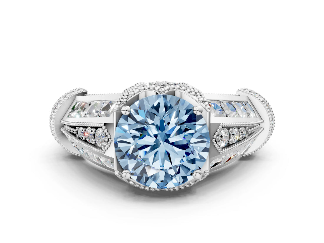 Platinum Vintage Milgrain Fancy Blue Round Cut Diamond Split Shank Ring with Prong Setting_6